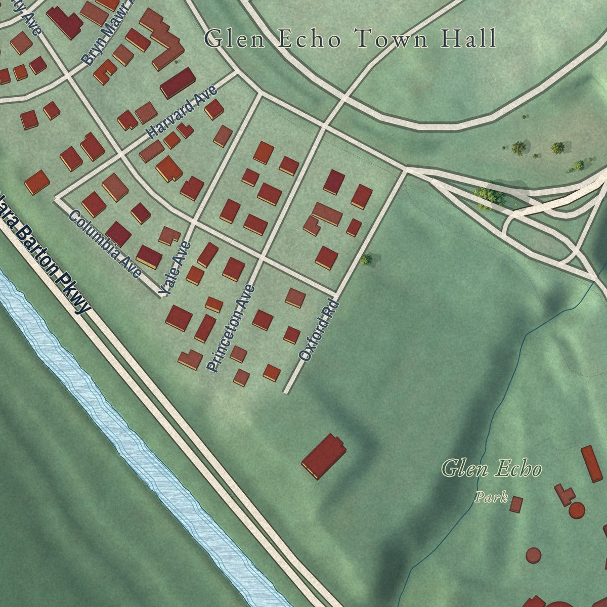 Close-up of the map of Glen Echo, Maryland print showing street and building detail