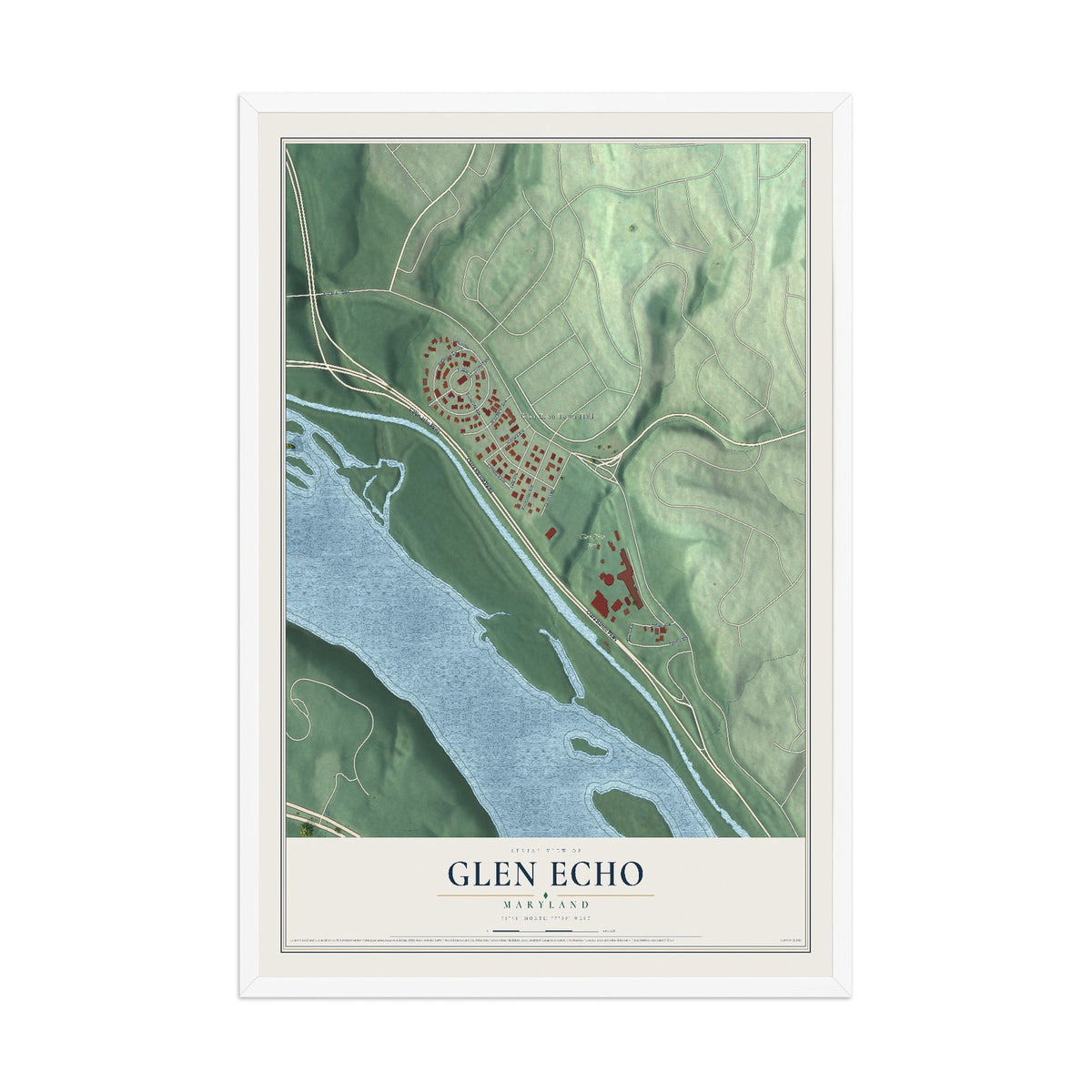 Map of Glen Echo, Maryland, 12 x 18 inch print in a white wood frame