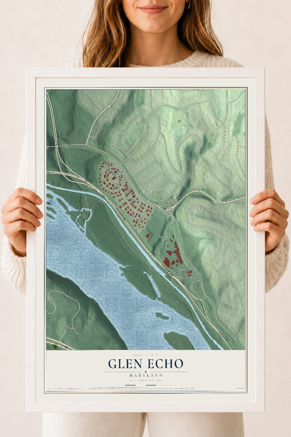 Map of Glen Echo, Maryland, 18 x 24 inch print in a white wood frame