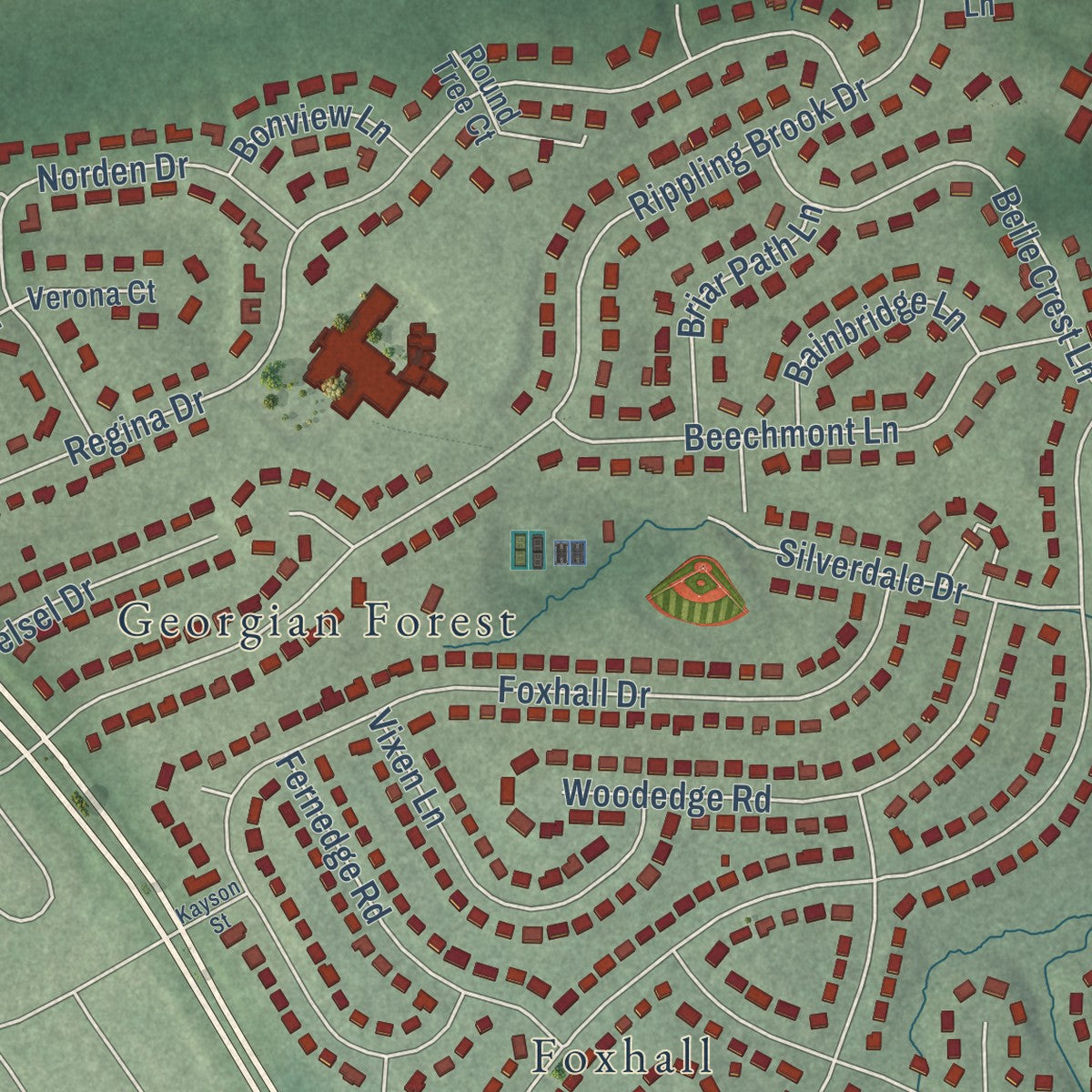 Close-up of the map of Glenmont, Maryland print showing street and building detail