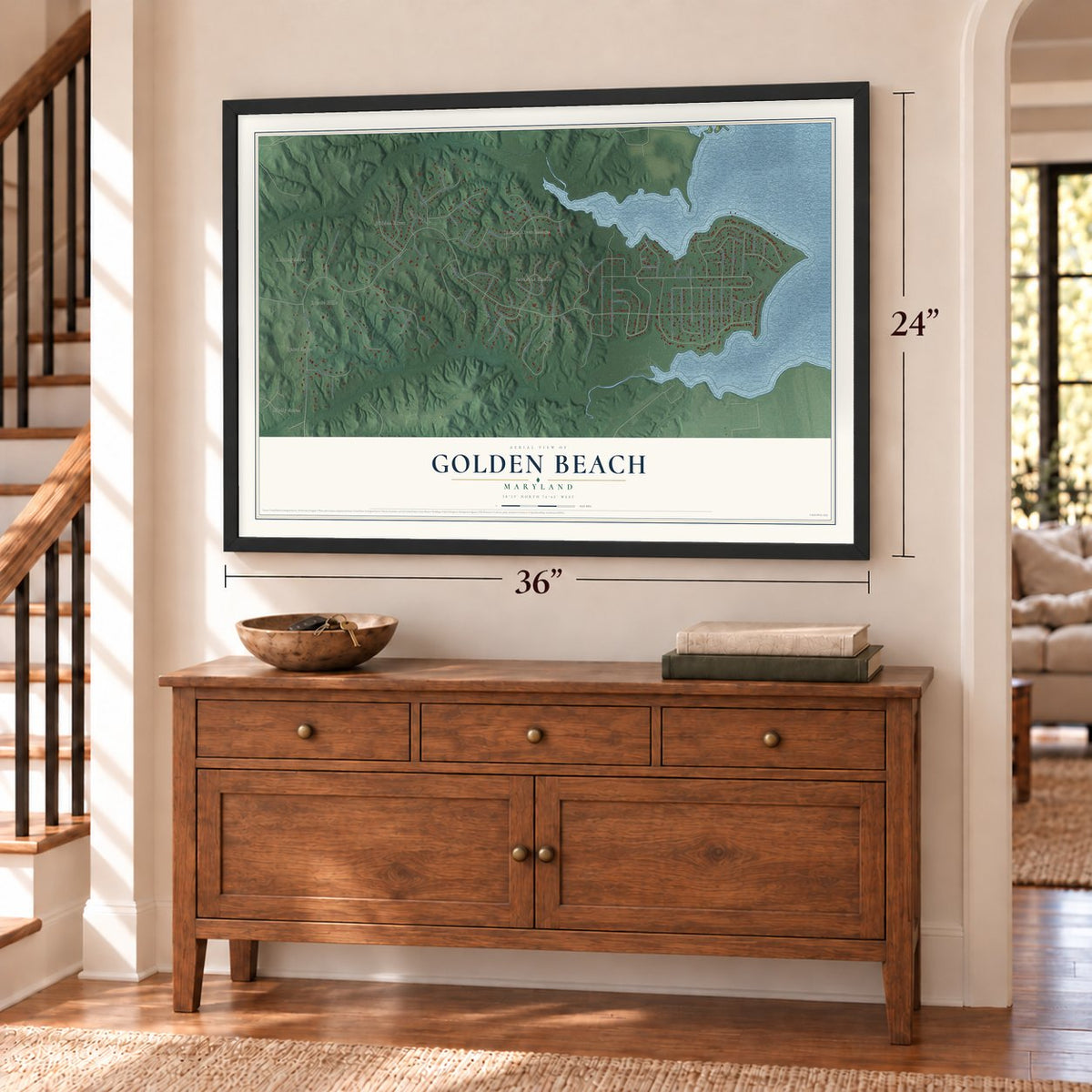 Golden Beach, Maryland map, 24 x 36 inch print in a black frame above a dresser by a staircase