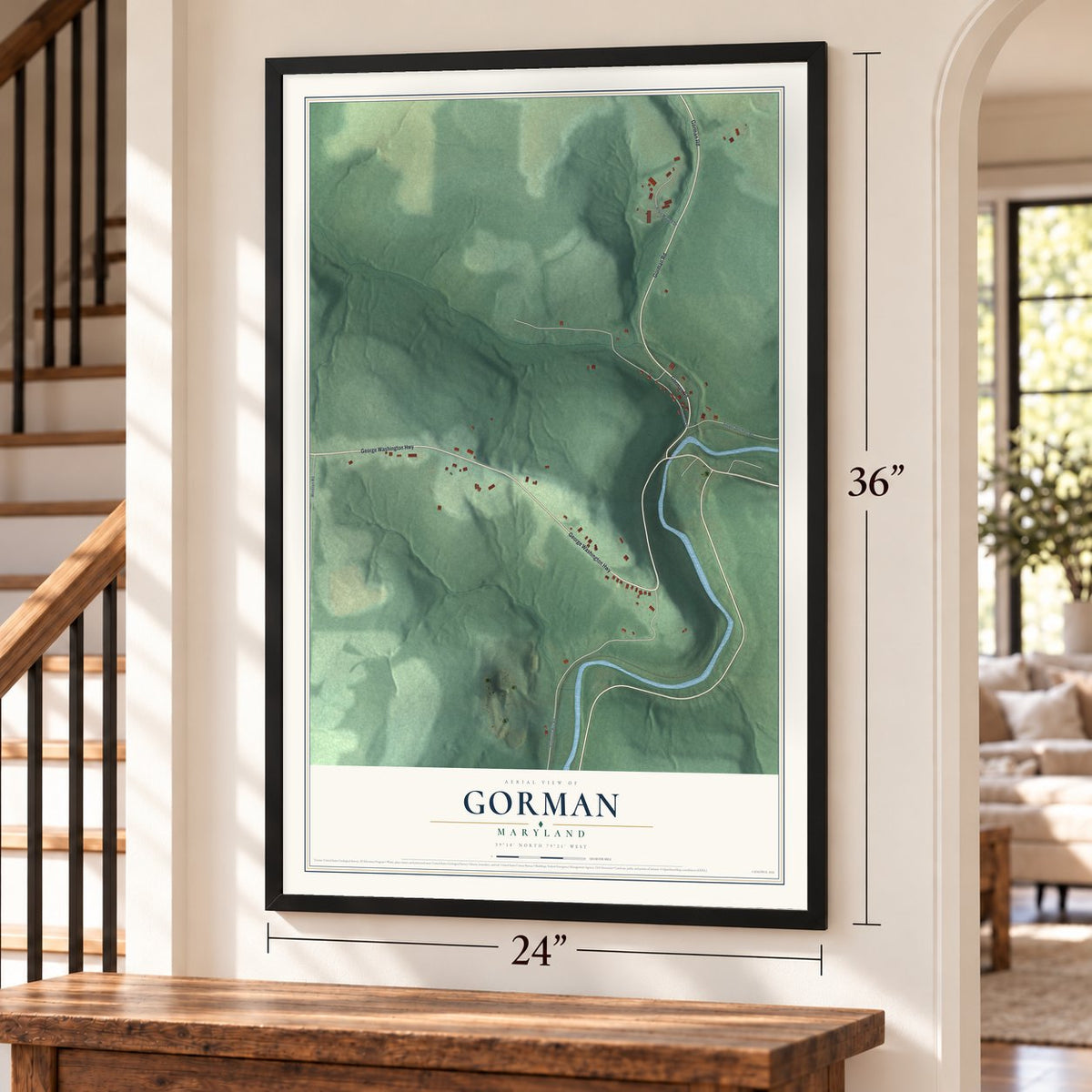 Gorman, Maryland map, 24 x 36 inch print in a black frame by a staircase