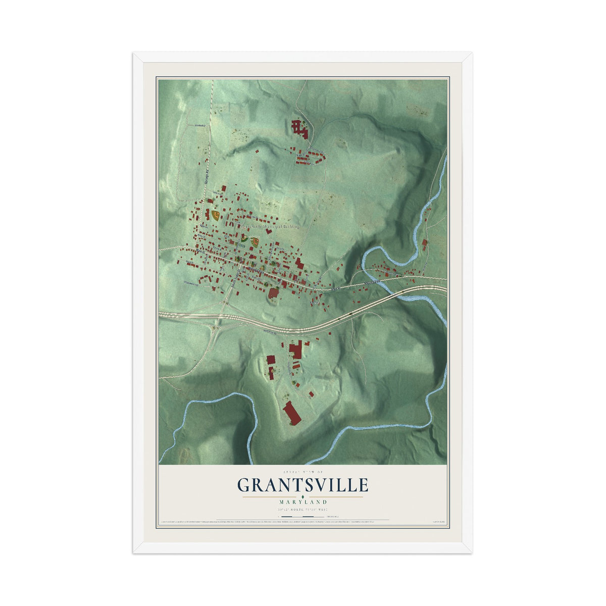 Map of Grantsville, Maryland, 12 x 18 inch print in a white wood frame
