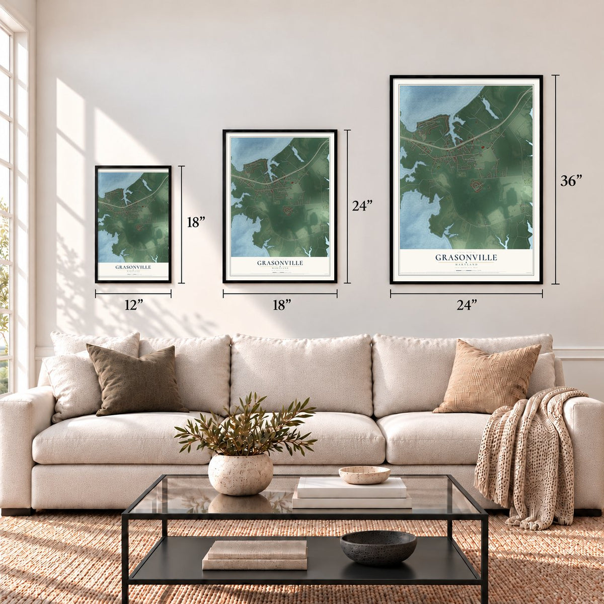 Grasonville, Maryland map in 12 x 18, 18 x 24 and 24 x 36 inch sizes above a sofa