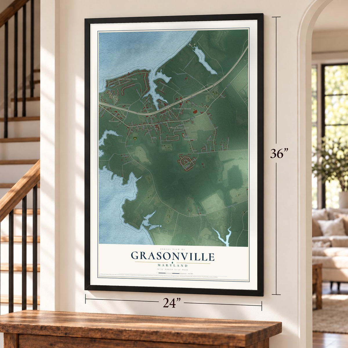 Grasonville, Maryland map, 24 x 36 inch print in a black frame by a staircase