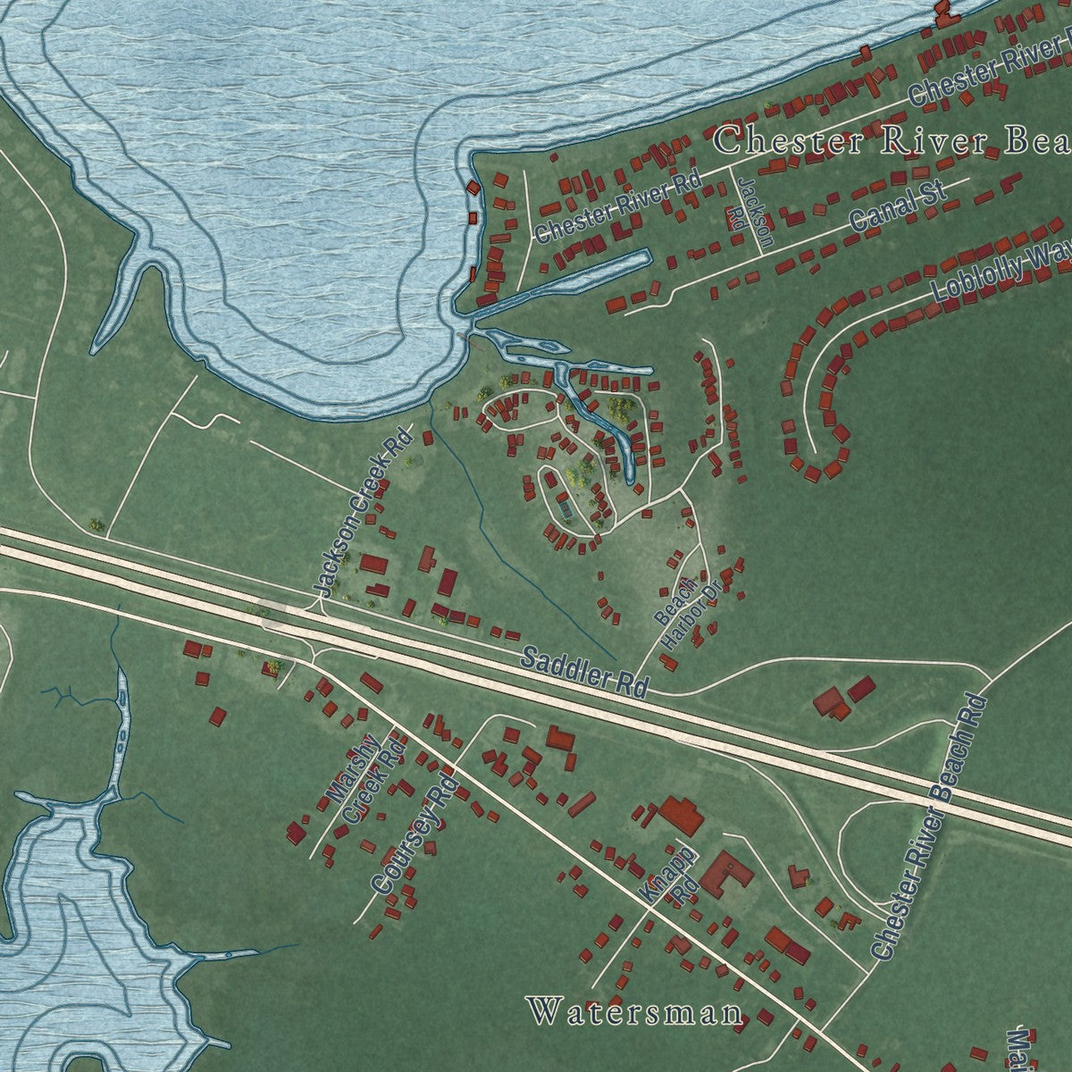 Close-up of the map of Grasonville, Maryland print showing street and building detail