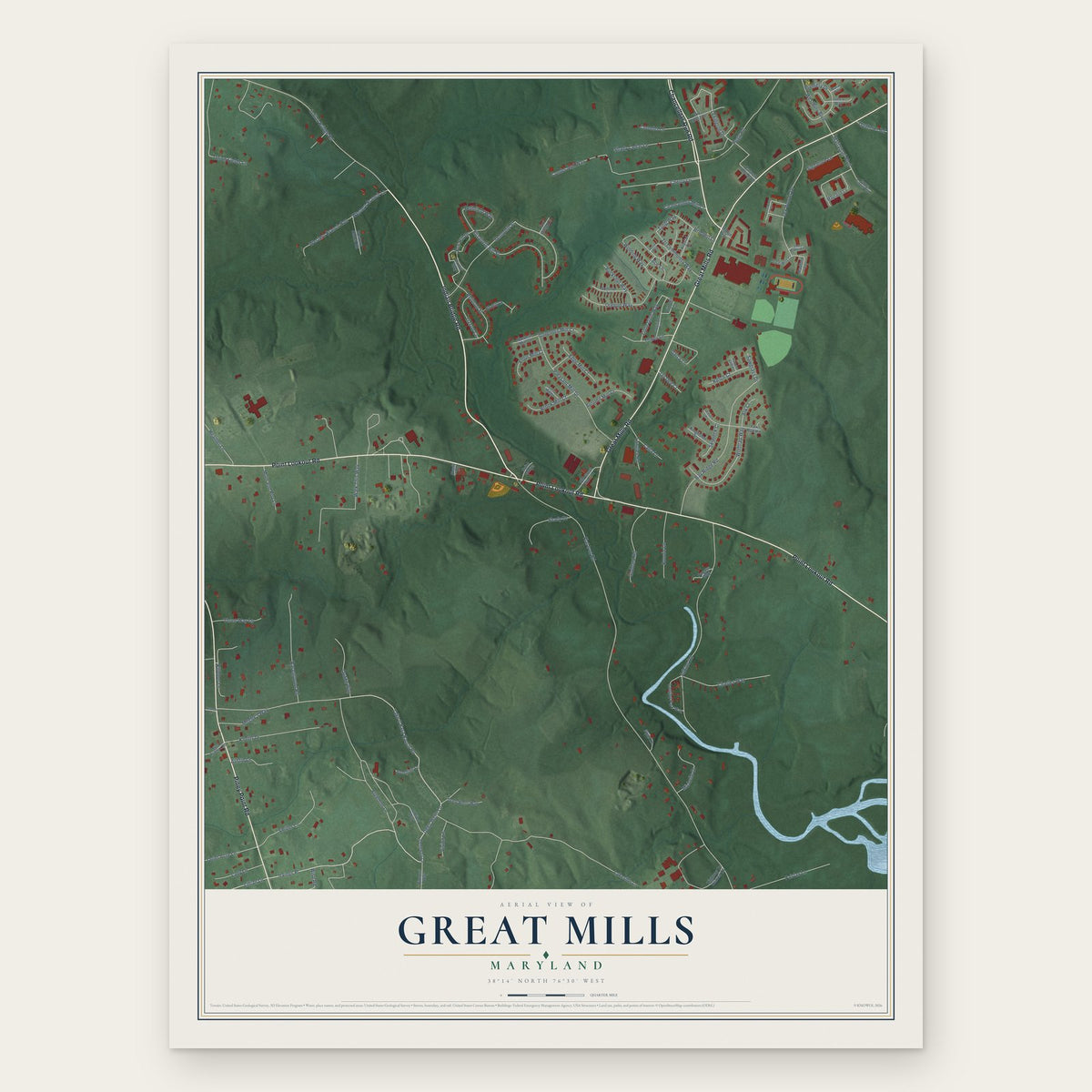 Great Mills, Maryland map print, the full design