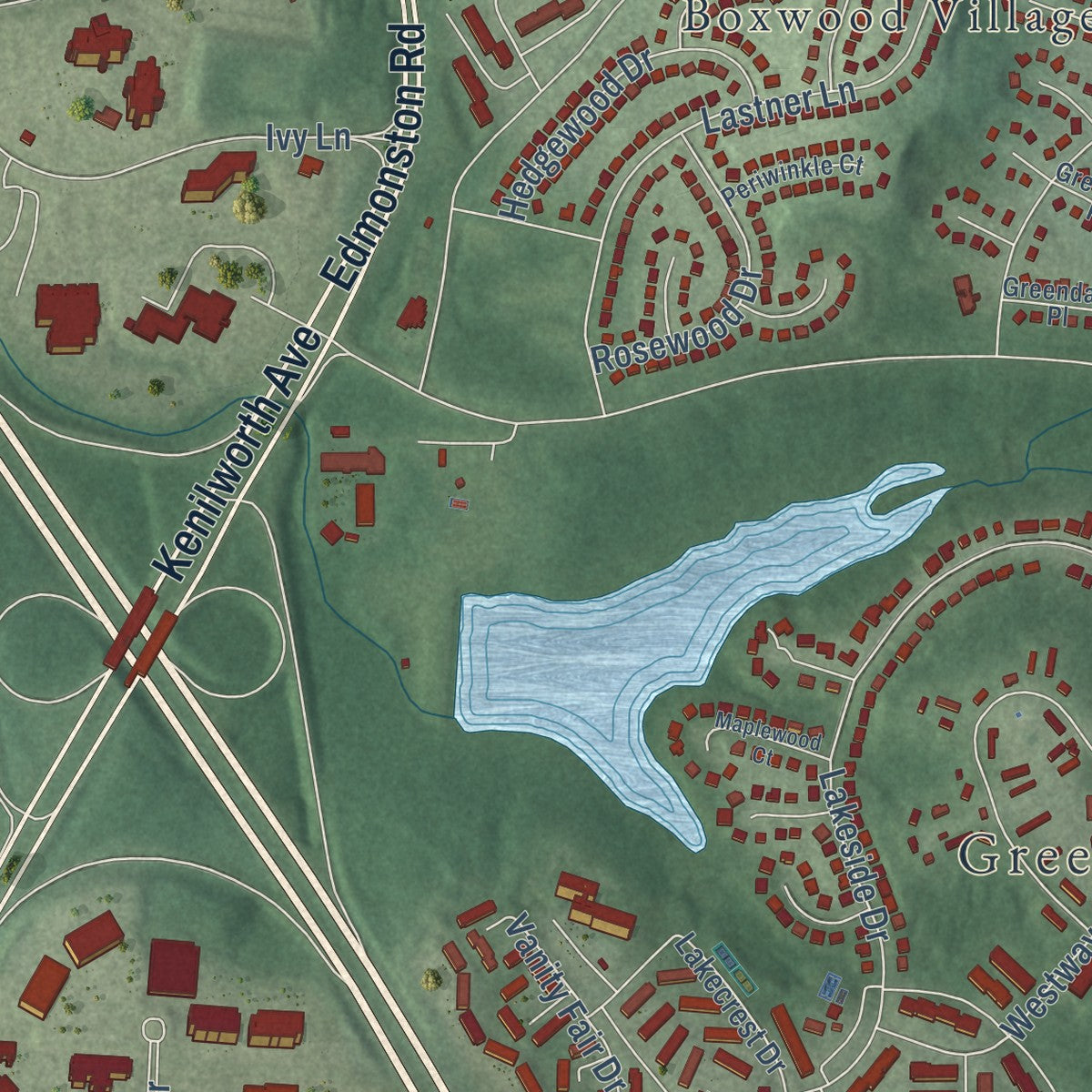 Second close-up of the map of Greenbelt, Maryland print showing more streets and buildings