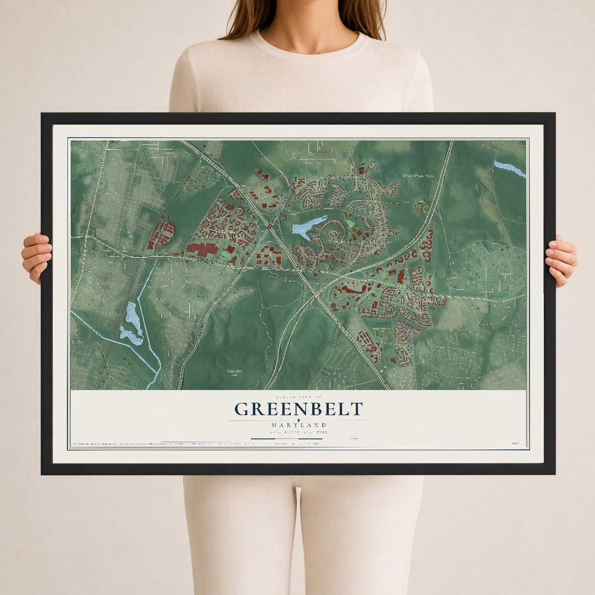 Map of Greenbelt, Maryland, 24 x 36 inch print in a black wood frame