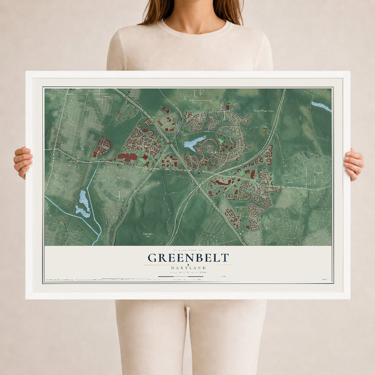 Map of Greenbelt, Maryland, 24 x 36 inch print in a white wood frame