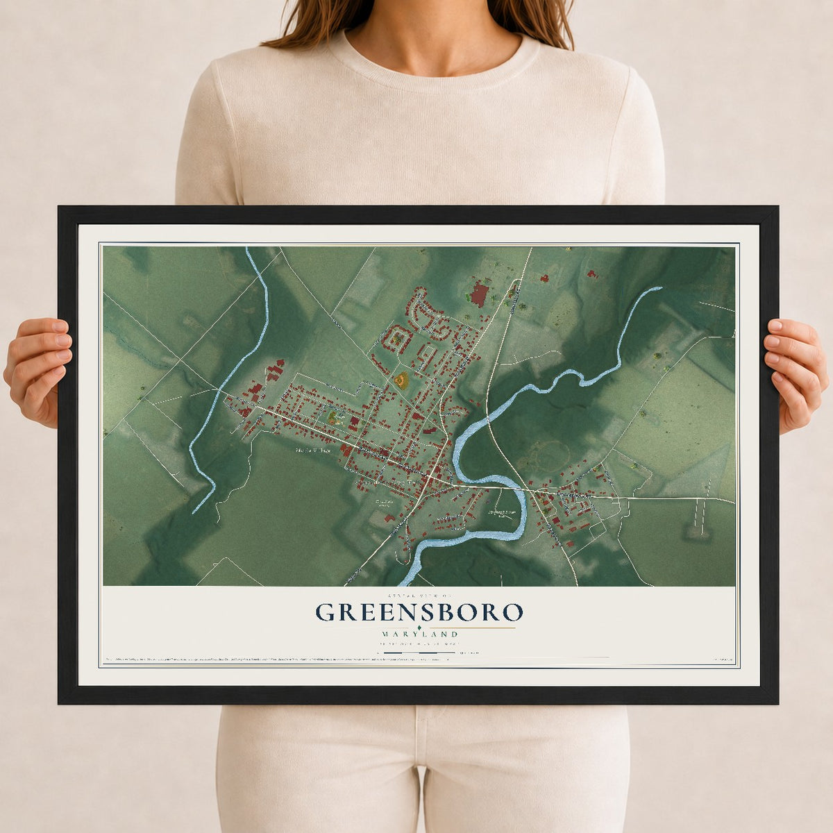 Map of Greensboro, Maryland, 12 x 18 inch print in a black wood frame