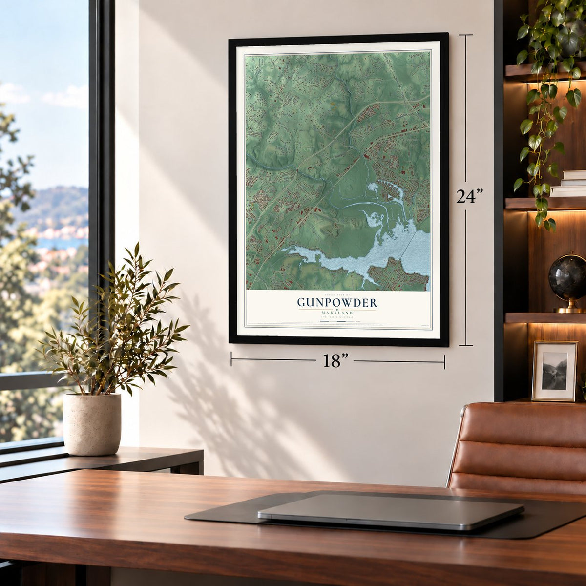 Gunpowder, Maryland map, 18 x 24 inch print in a black frame in a home office