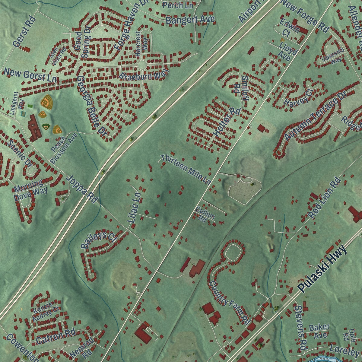Close-up of the map of Gunpowder, Maryland print showing street and building detail