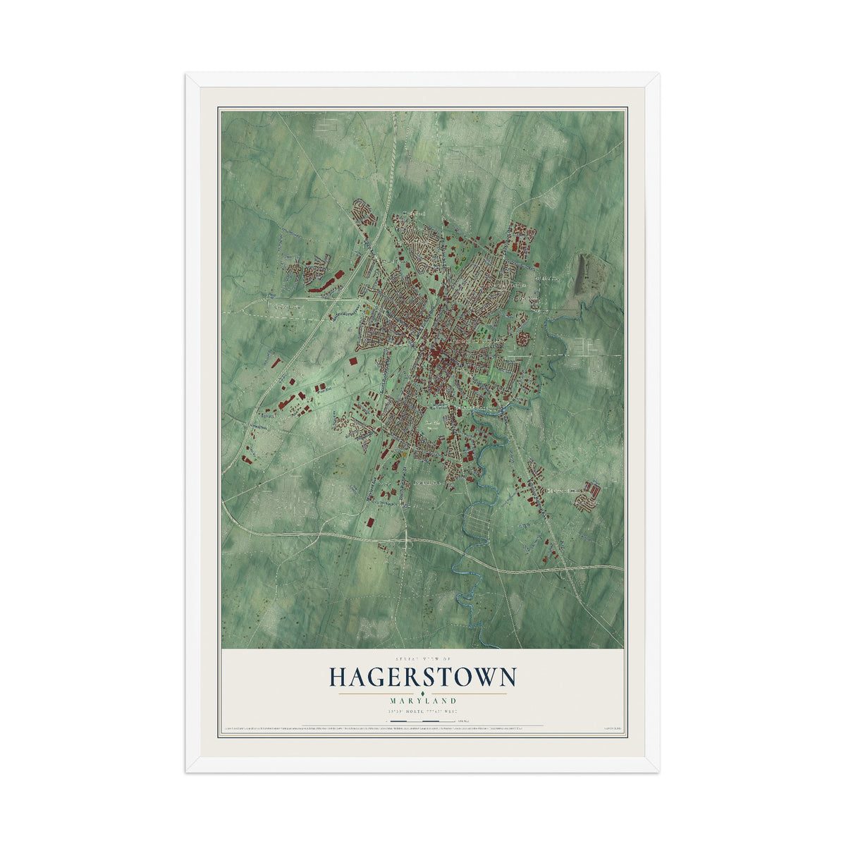 Map of Hagerstown, Maryland, 12 x 18 inch print in a white wood frame