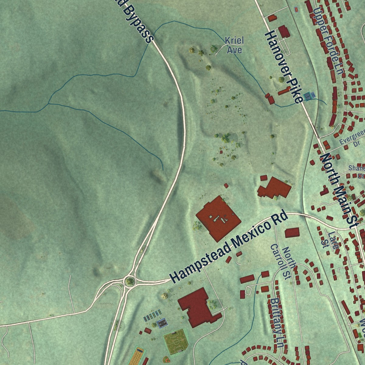 Second close-up of the map of Hampstead, Maryland print showing more streets and buildings