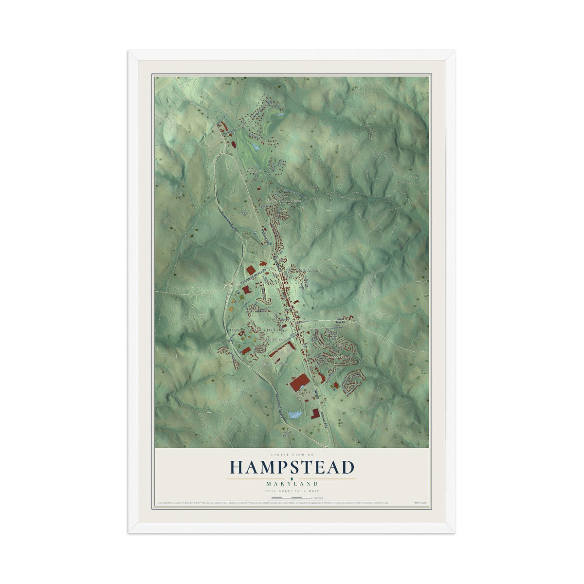 Map of Hampstead, Maryland, 12 x 18 inch print in a white wood frame