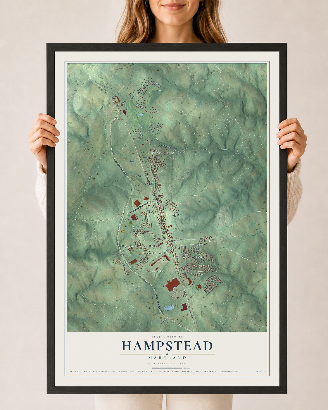 Map of Hampstead, Maryland, 24 x 36 inch print in a black wood frame