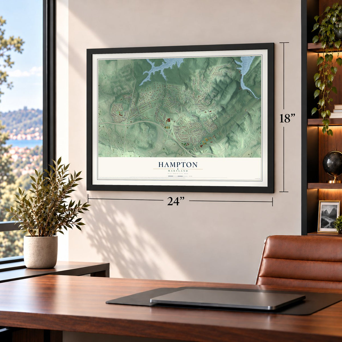 Hampton, Maryland map, 18 x 24 inch print in a black frame in a home office