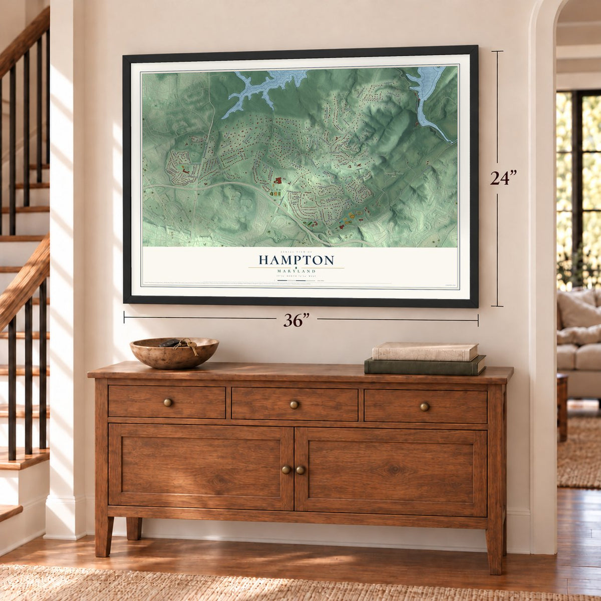 Hampton, Maryland map, 24 x 36 inch print in a black frame above a dresser by a staircase