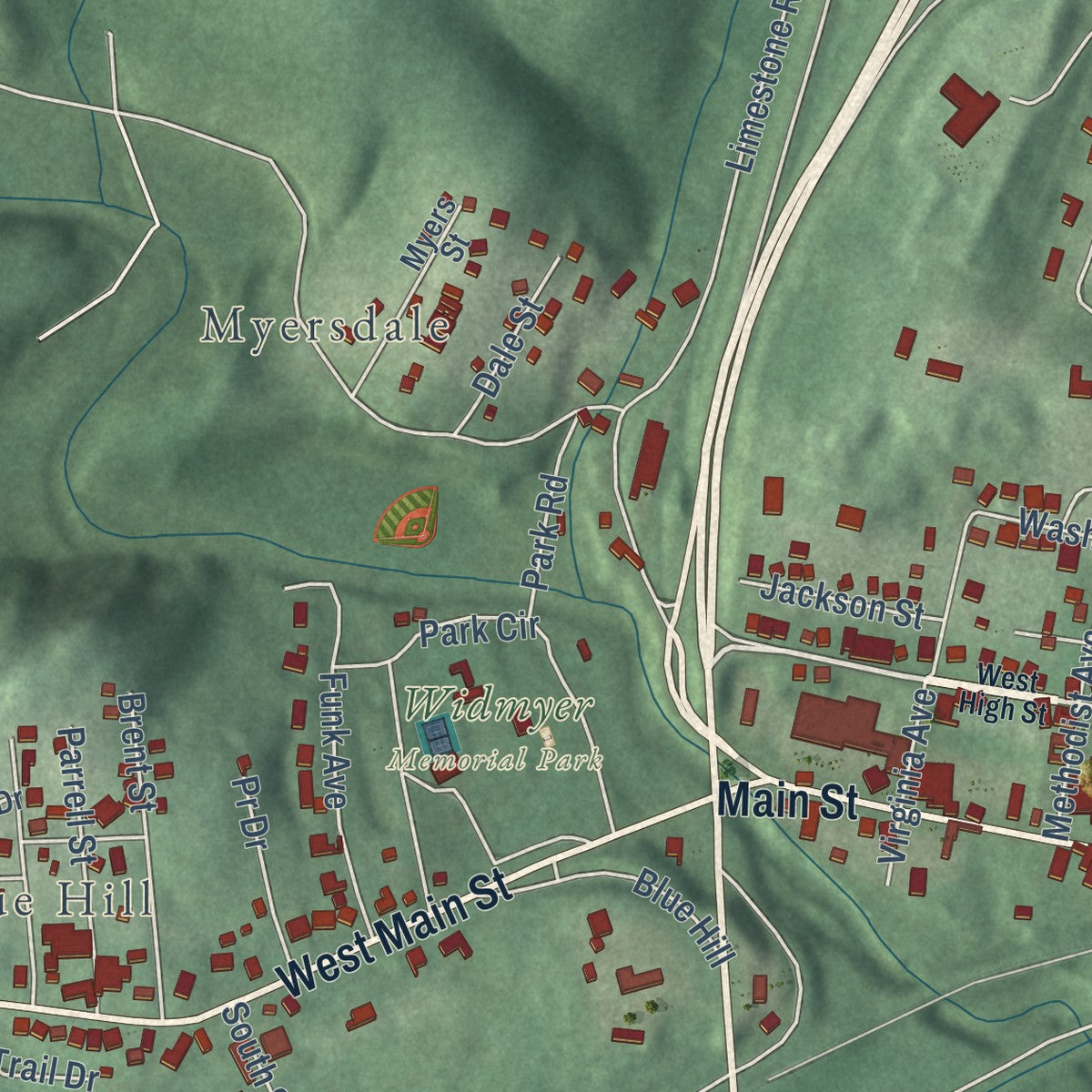 Close-up of the map of Hancock, Maryland print showing street and building detail