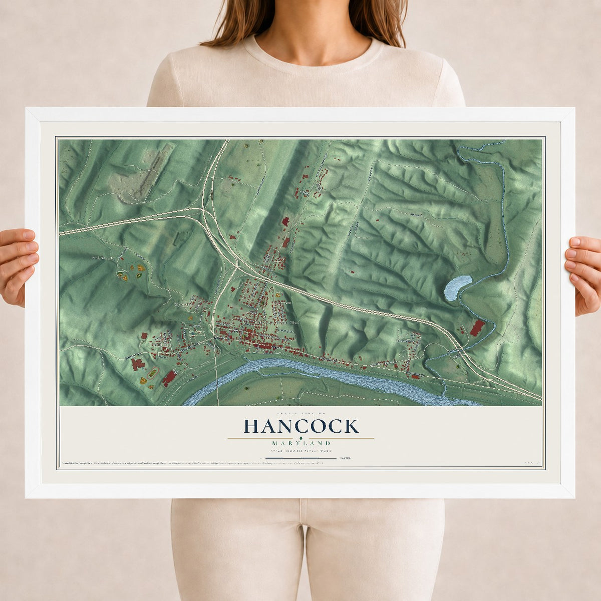 Map of Hancock, Maryland, 18 x 24 inch print in a white wood frame