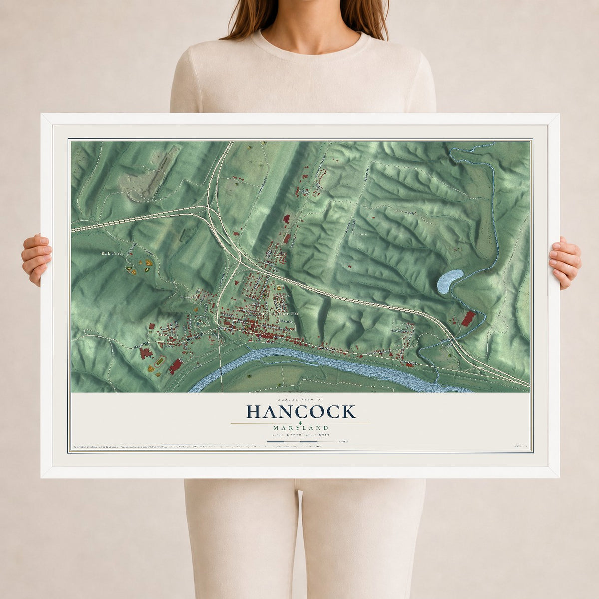 Map of Hancock, Maryland, 24 x 36 inch print in a white wood frame
