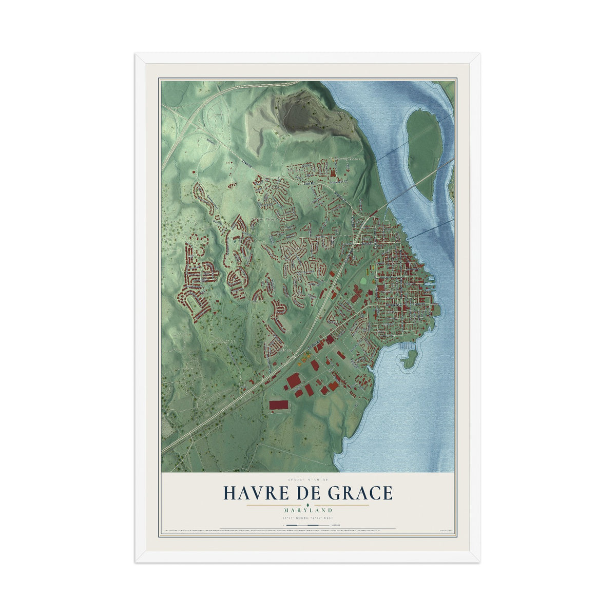 Map of Havre de Grace, Maryland, 12 x 18 inch print in a white wood frame