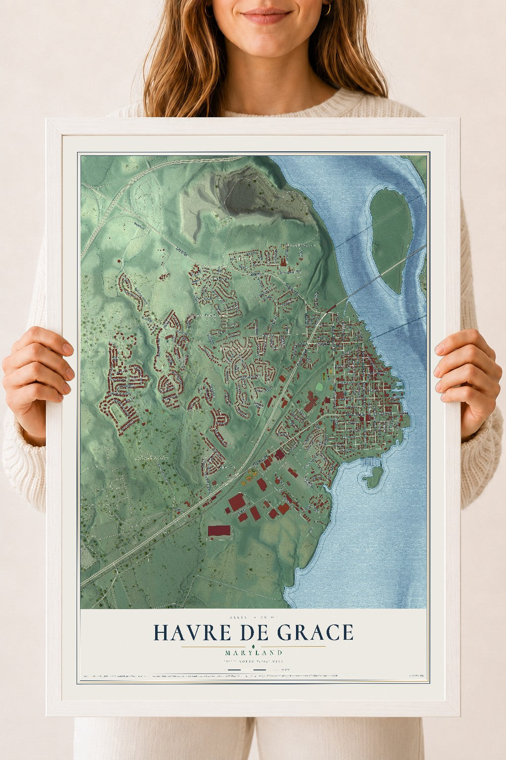 Map of Havre de Grace, Maryland, 18 x 24 inch print in a white wood frame
