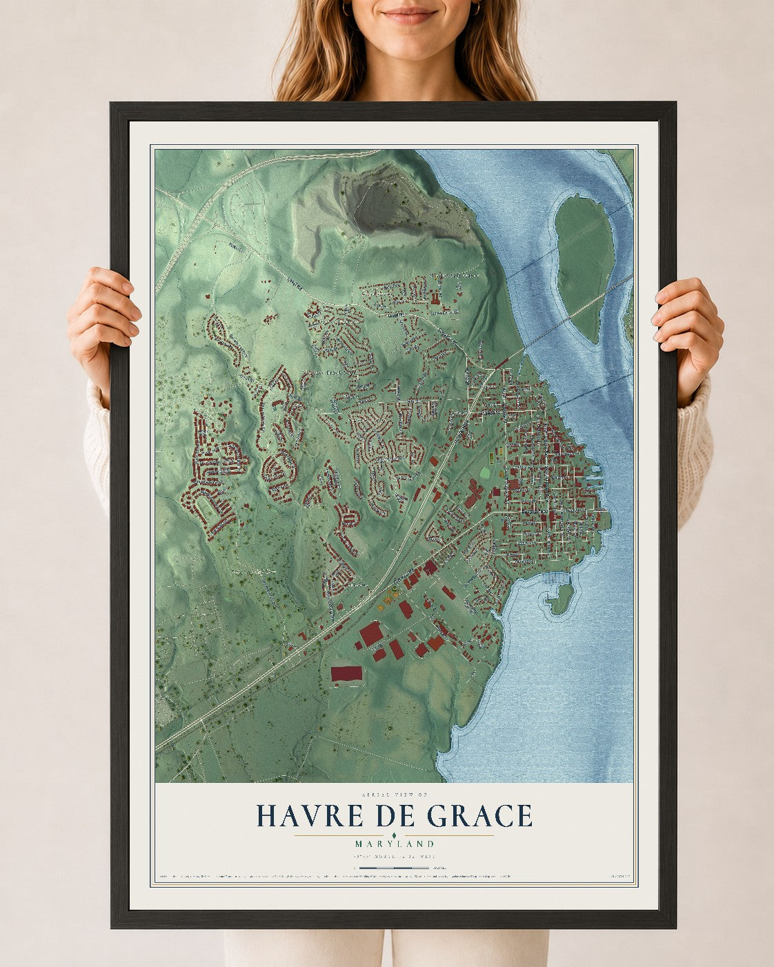 Map of Havre de Grace, Maryland, 24 x 36 inch print in a black wood frame