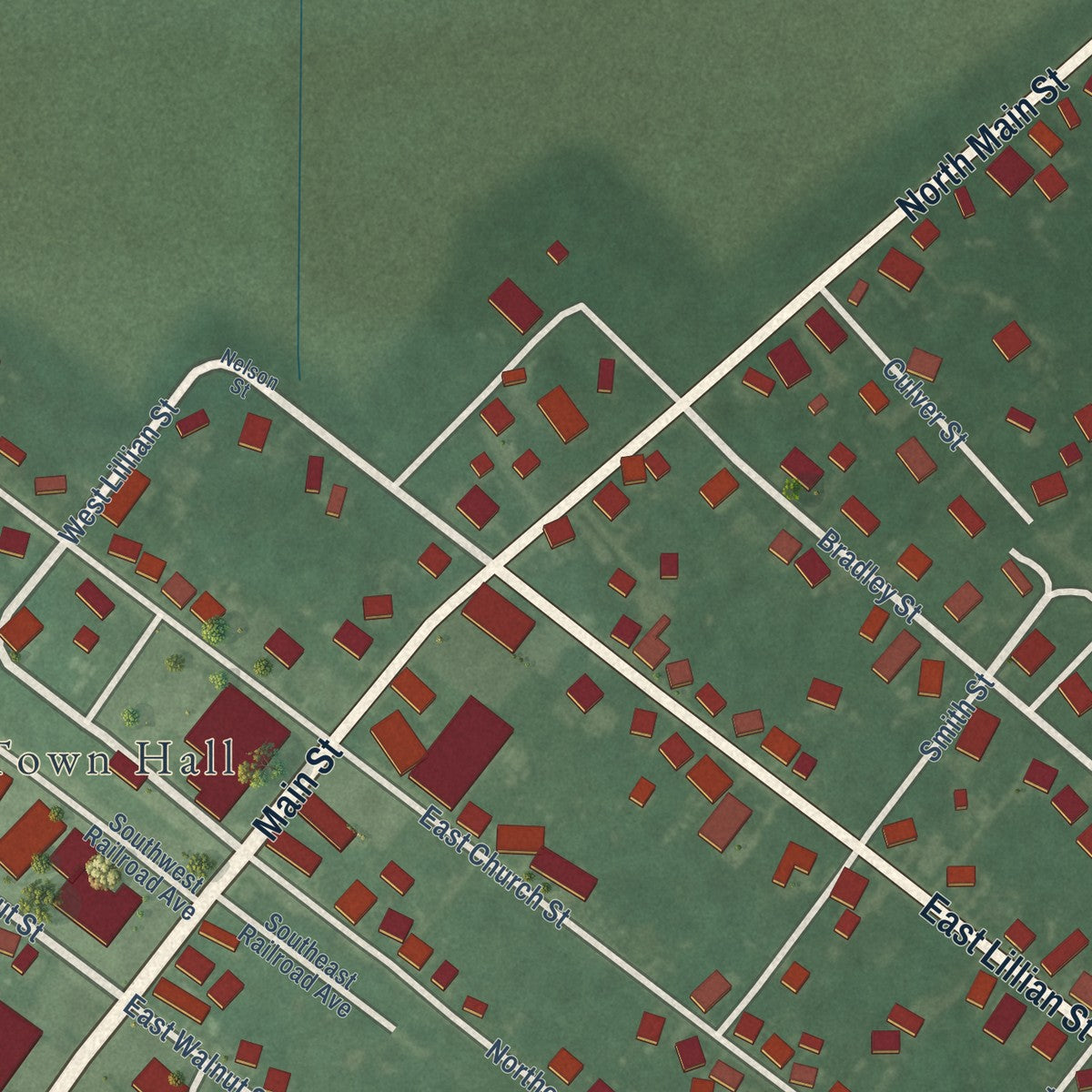 Close-up of the map of Hebron, Maryland print showing street and building detail