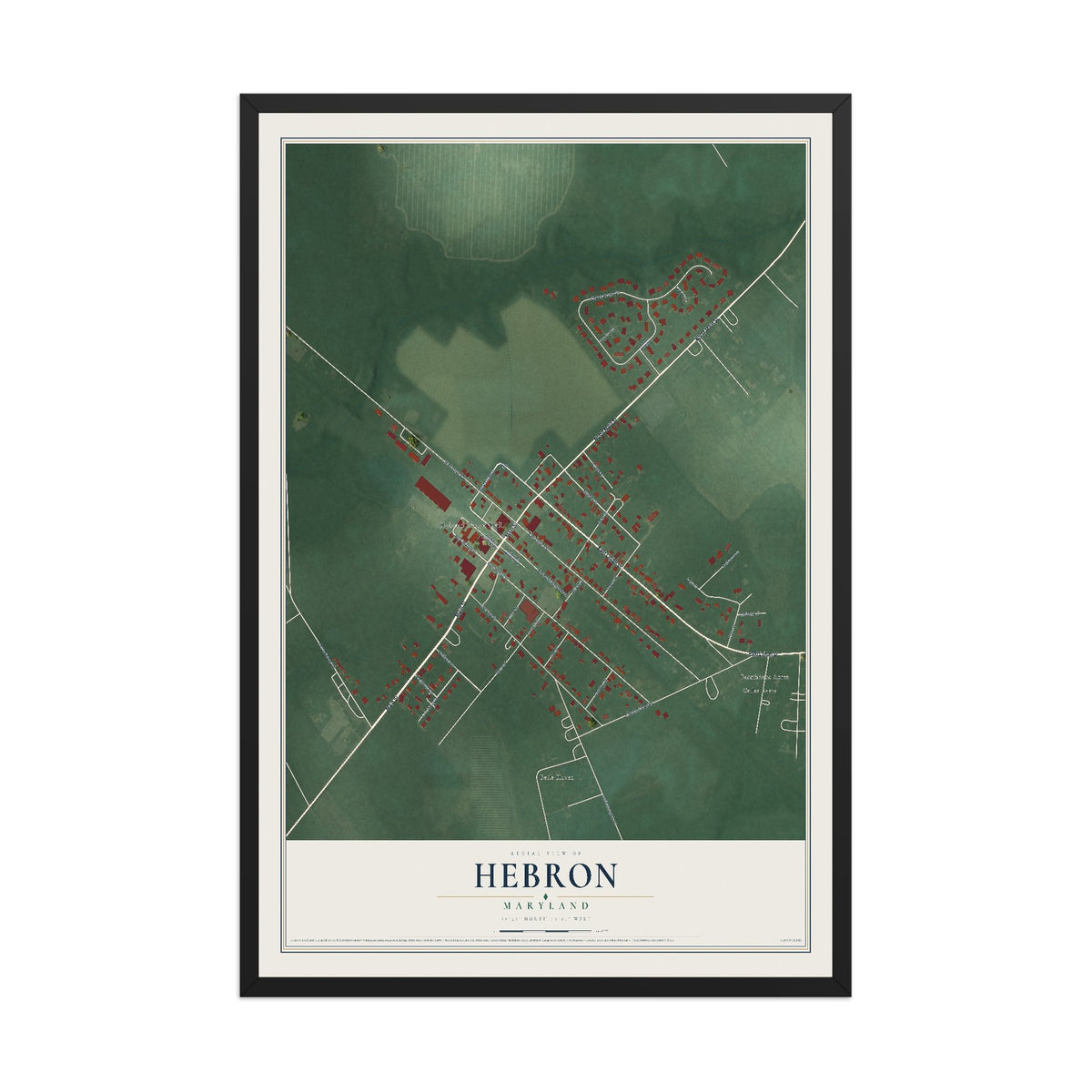 Map of Hebron, Maryland, 12 x 18 inch print in a black wood frame