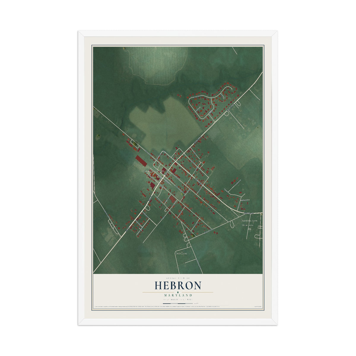 Map of Hebron, Maryland, 12 x 18 inch print in a white wood frame