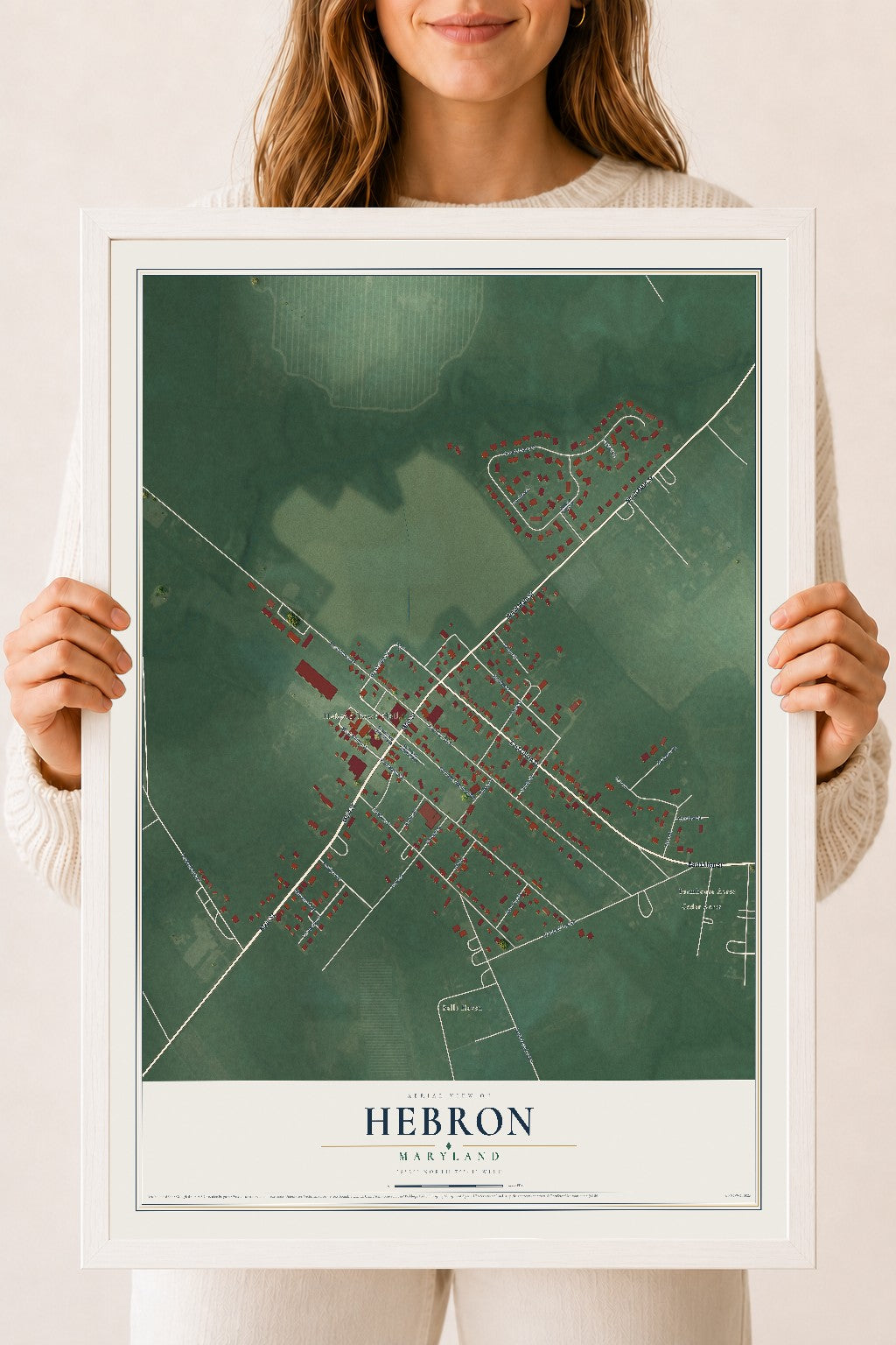 Map of Hebron, Maryland, 18 x 24 inch print in a white wood frame