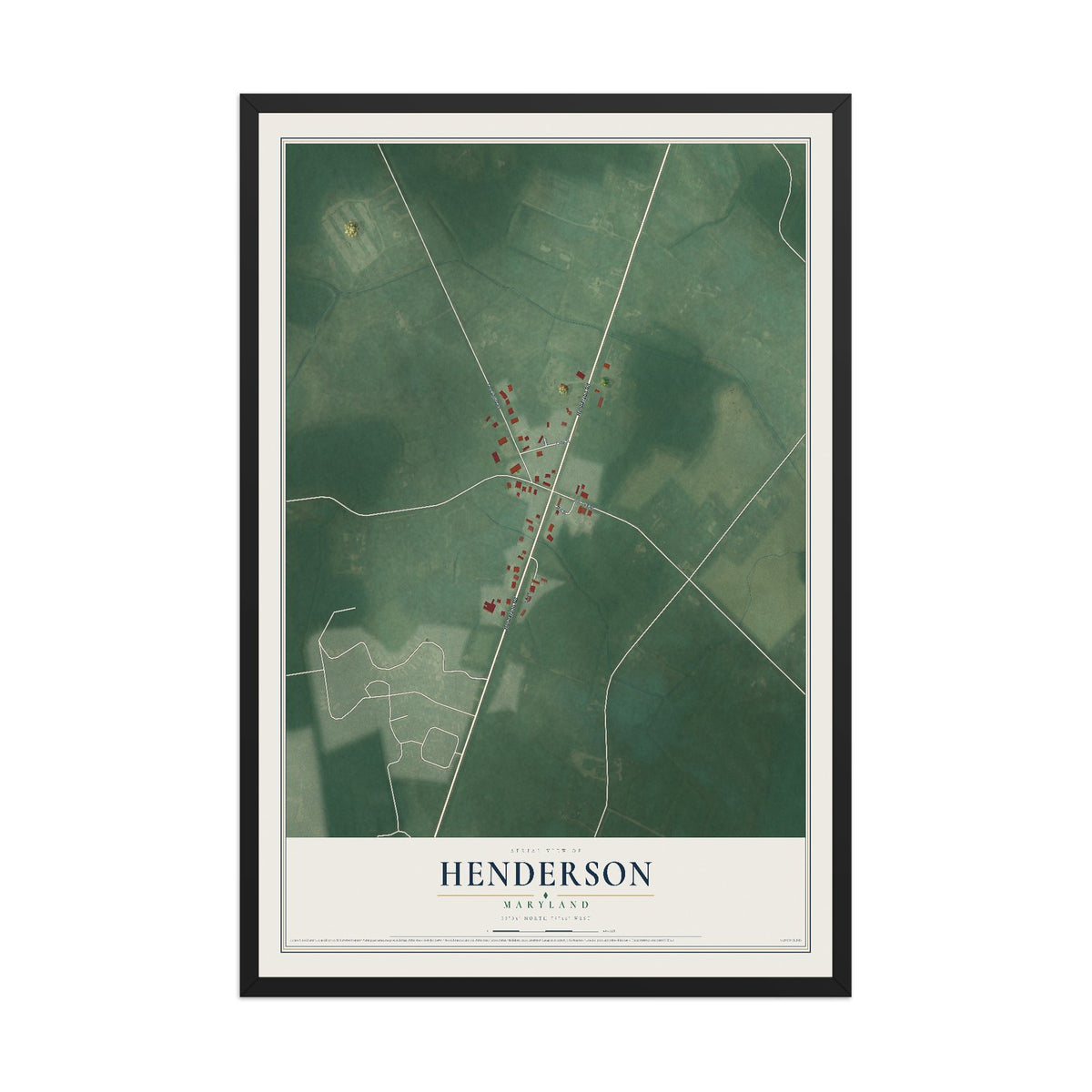 Map of Henderson, Maryland, 12 x 18 inch print in a black wood frame
