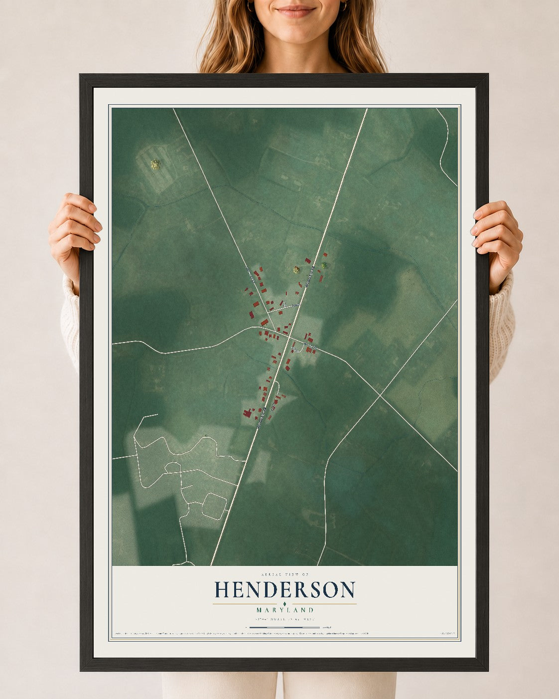 Map of Henderson, Maryland, 24 x 36 inch print in a black wood frame