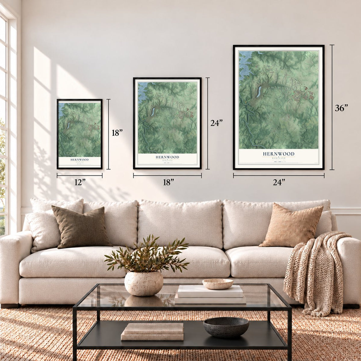 Hernwood, Maryland map in 12 x 18, 18 x 24 and 24 x 36 inch sizes above a sofa