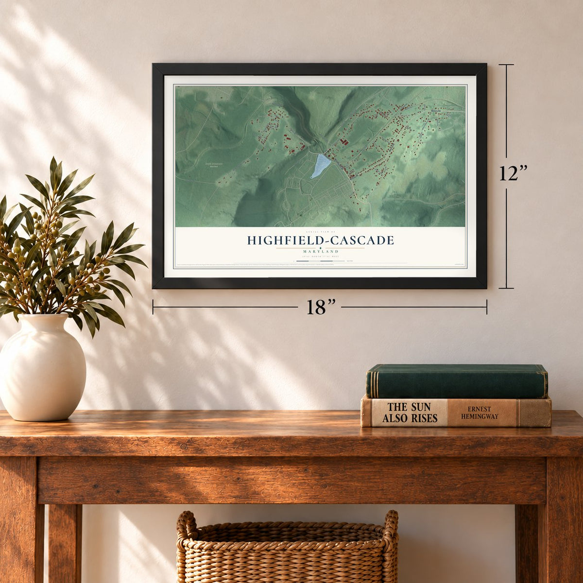 Highfield-Cascade, Maryland map, 12 x 18 inch print in a black frame in an entryway