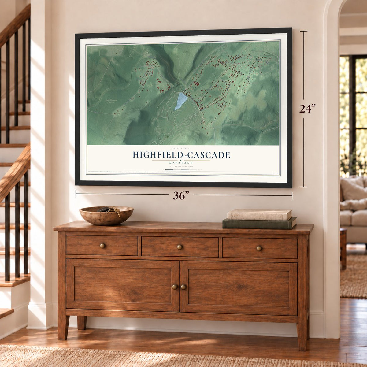 Highfield-Cascade, Maryland map, 24 x 36 inch print in a black frame above a dresser by a staircase