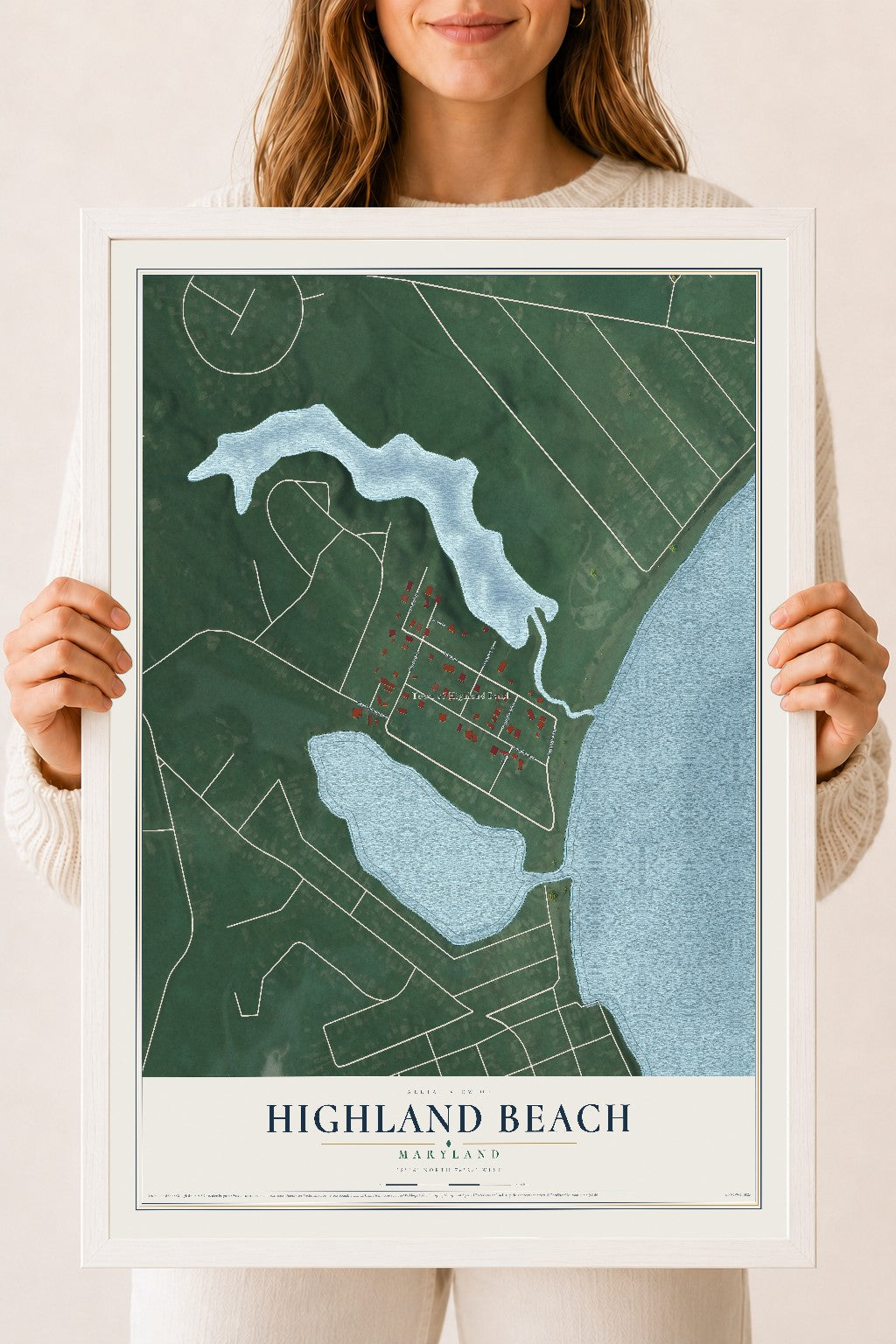 Map of Highland Beach, Maryland, 18 x 24 inch print in a white wood frame