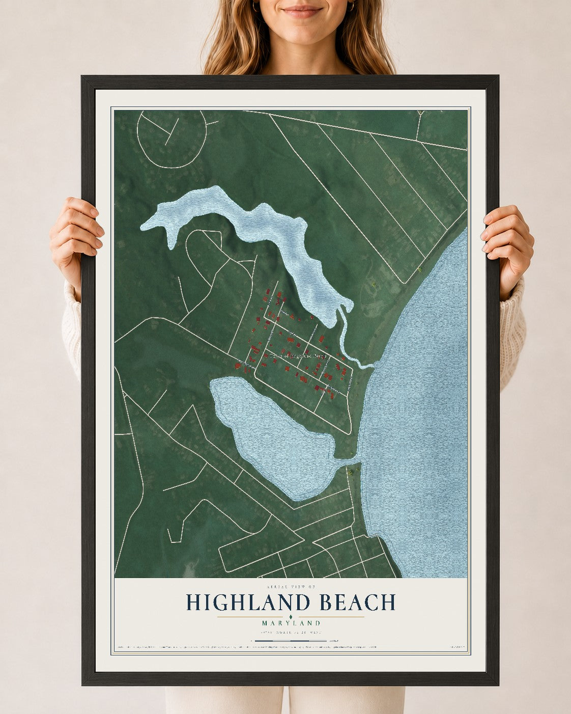 Map of Highland Beach, Maryland, 24 x 36 inch print in a black wood frame