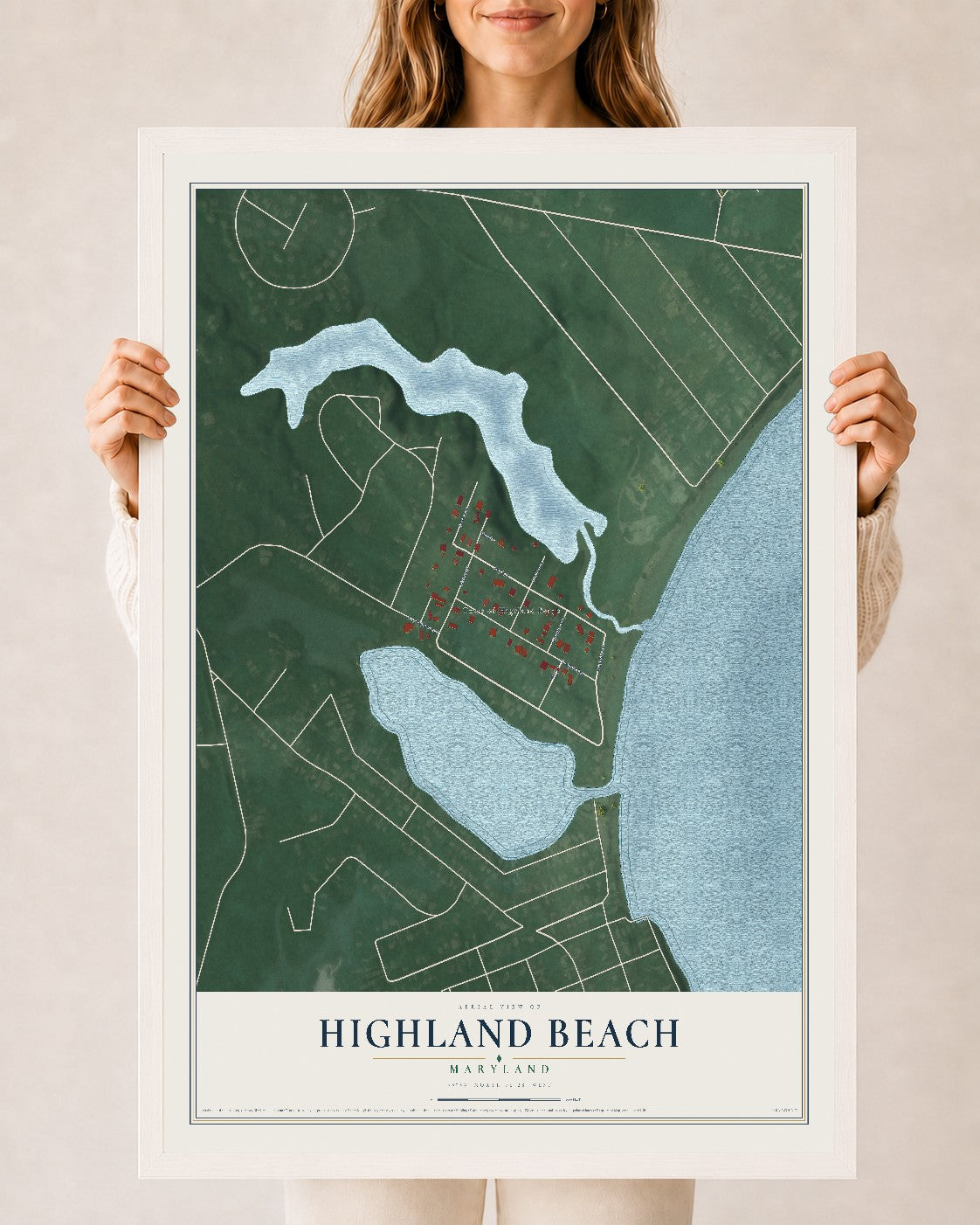 Map of Highland Beach, Maryland, 24 x 36 inch print in a white wood frame