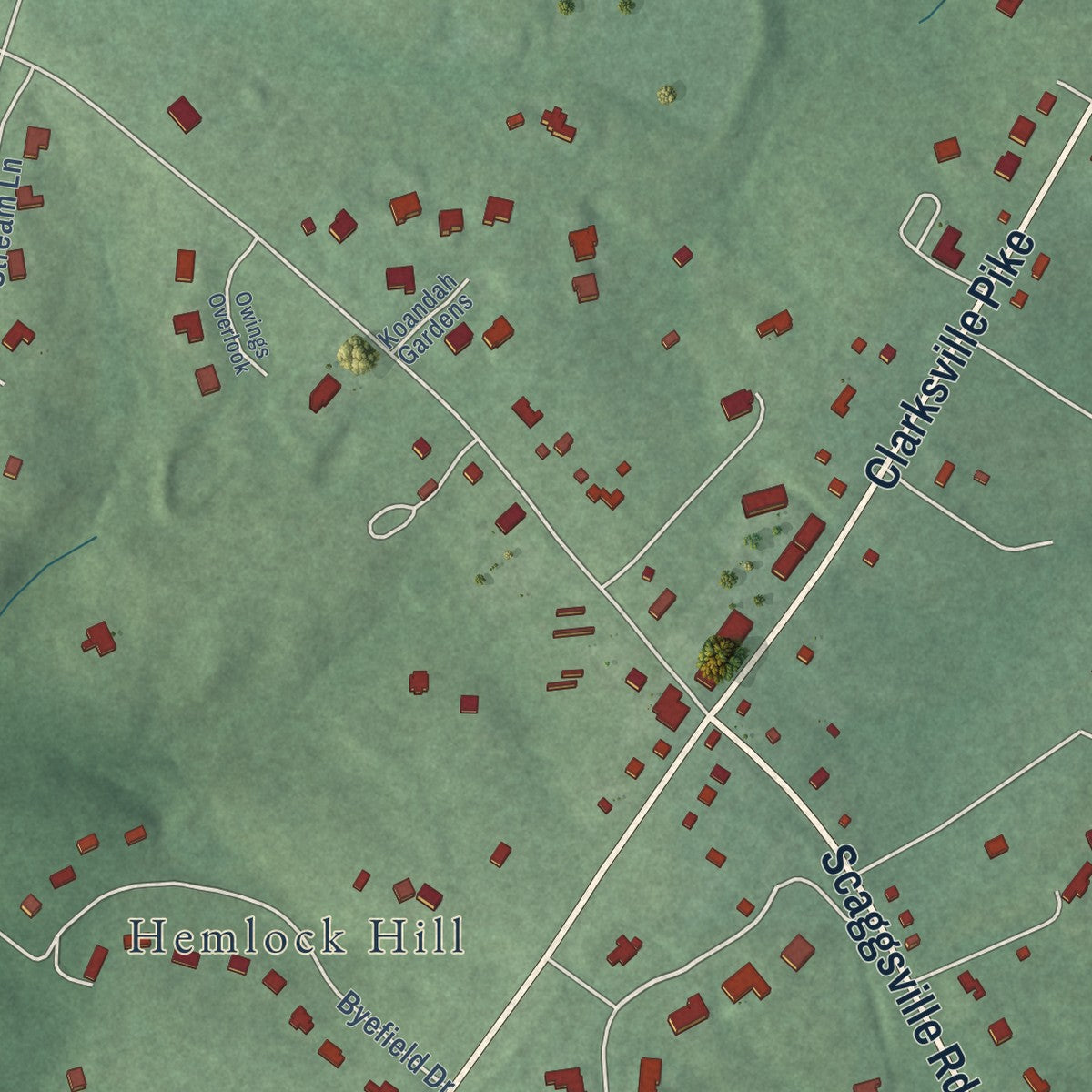 Close-up of the map of Highland, Maryland print showing street and building detail