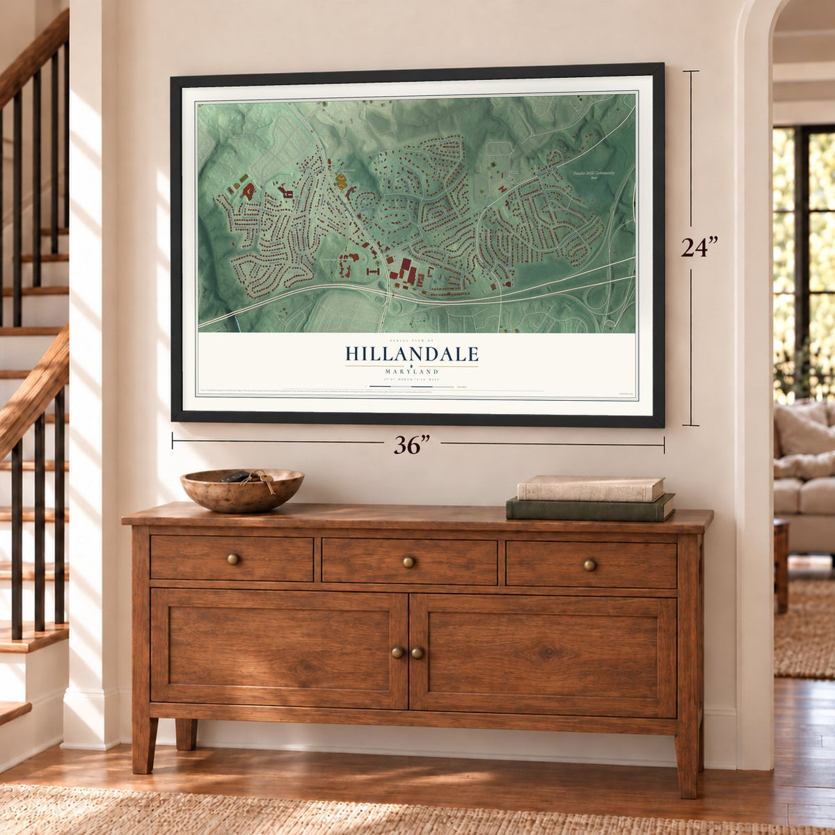 Hillandale, Maryland map, 24 x 36 inch print in a black frame above a dresser by a staircase