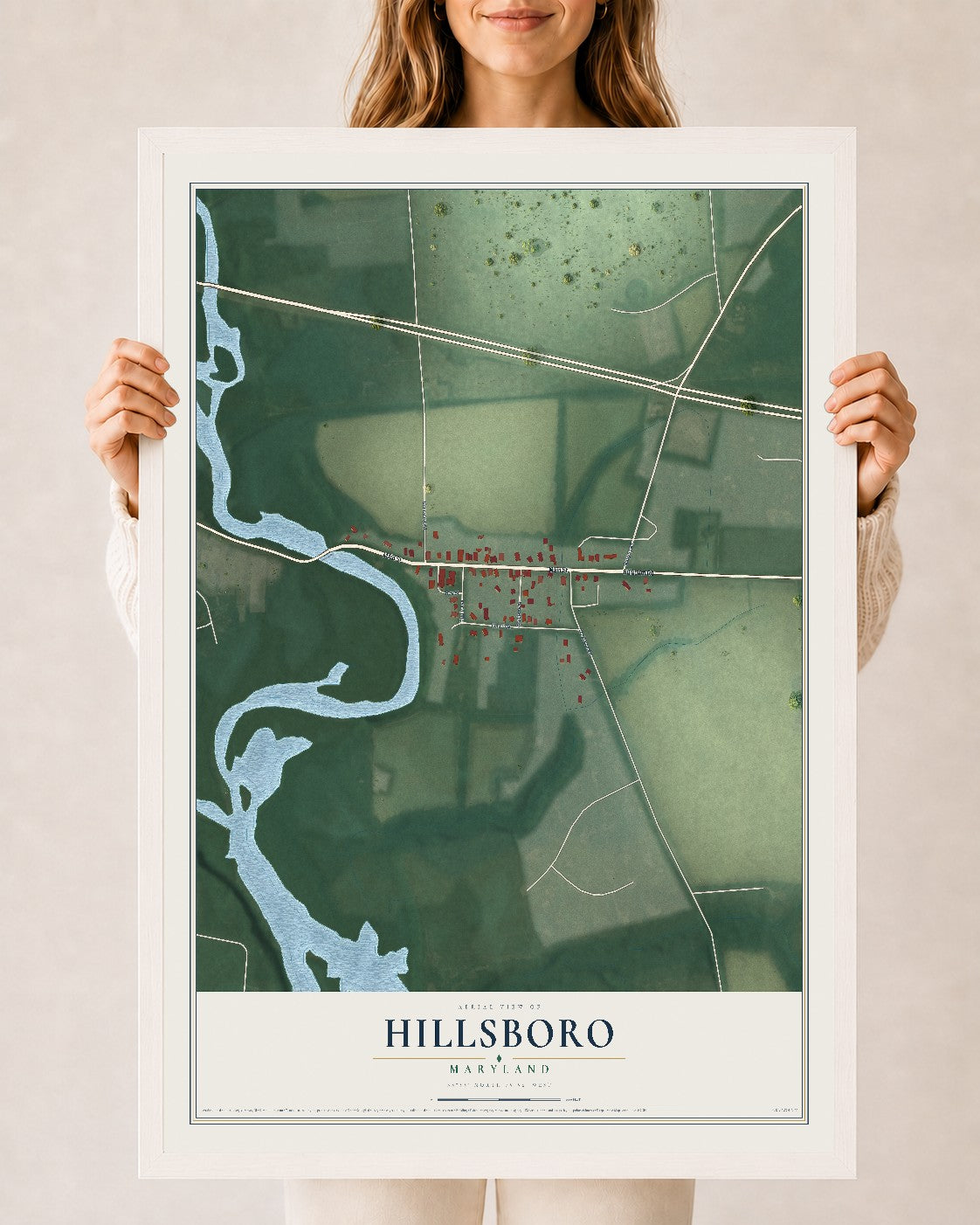 Map of Hillsboro, Maryland, 24 x 36 inch print in a white wood frame