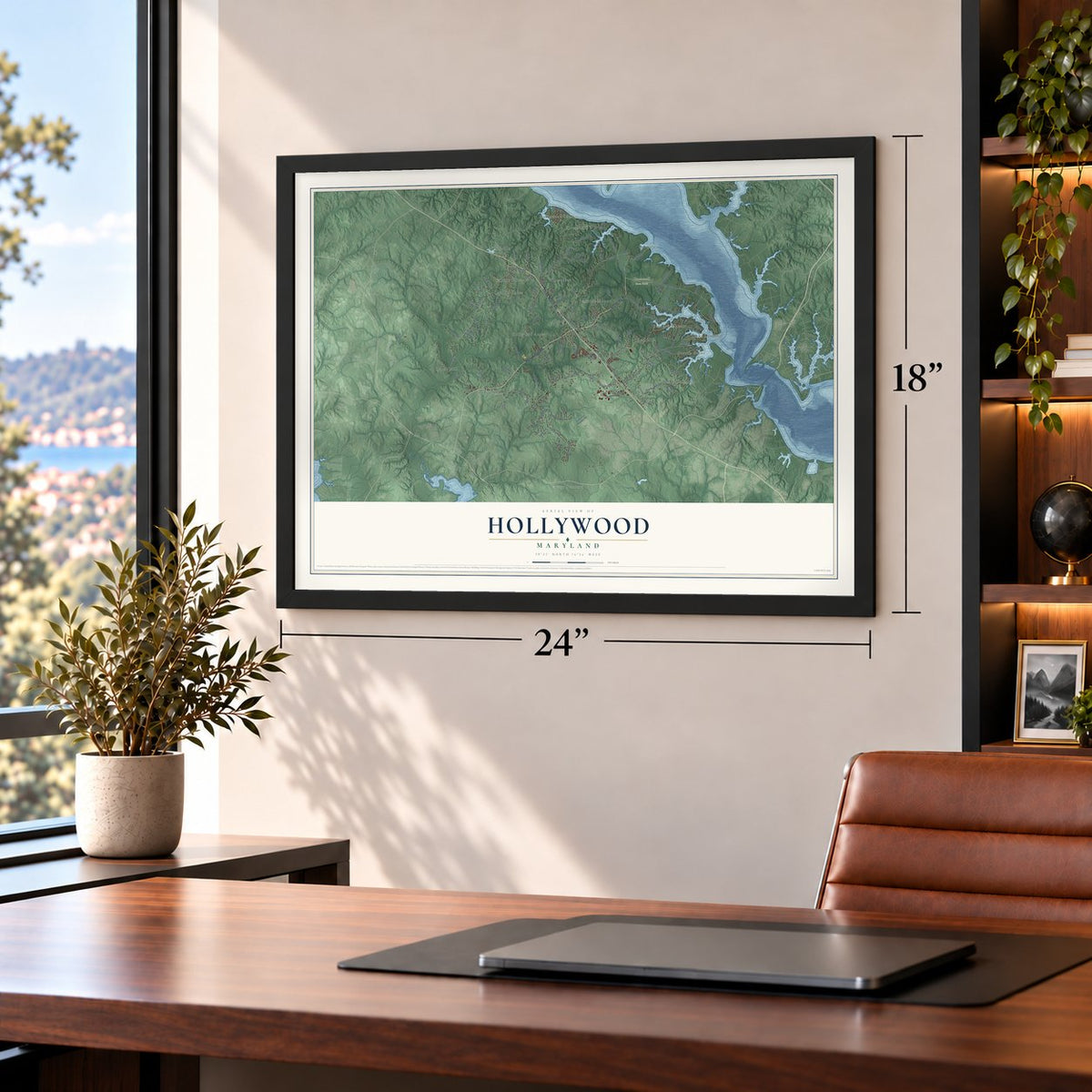 Hollywood, Maryland map, 18 x 24 inch print in a black frame in a home office