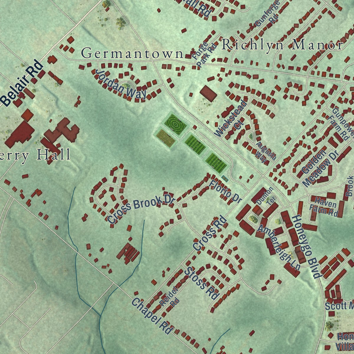 Close-up of the map of Honeygo, Maryland print showing street and building detail