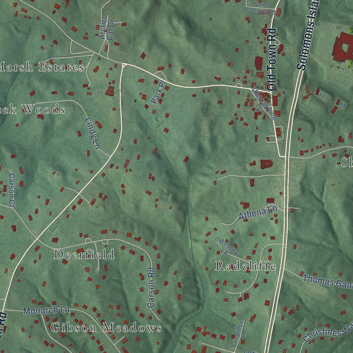 Close-up of the map of Huntingtown, Maryland print showing street and building detail
