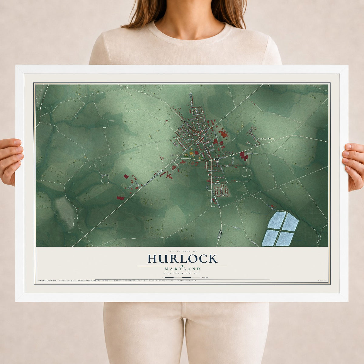 Map of Hurlock, Maryland, 18 x 24 inch print in a white wood frame