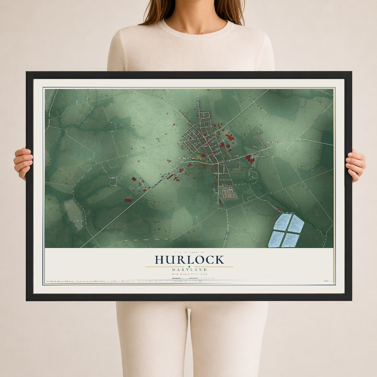 Map of Hurlock, Maryland, 24 x 36 inch print in a black wood frame