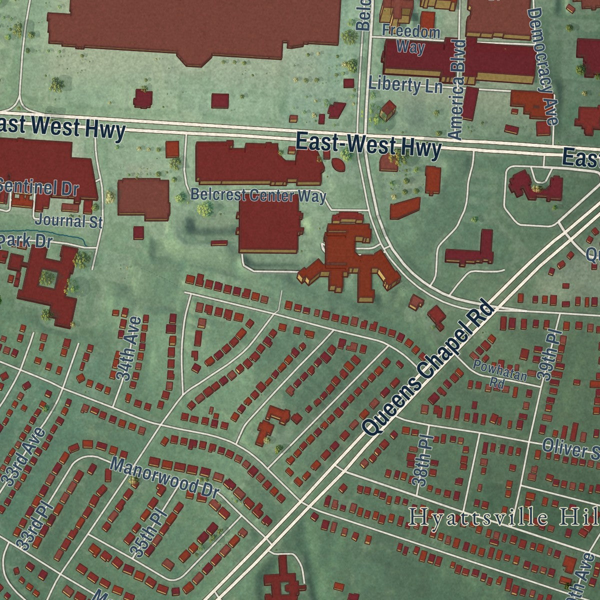 Close-up of the map of Hyattsville, Maryland print showing street and building detail